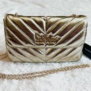 New Nicole Miller Gold Quilted Logo Chain Strap Crossbody Purse